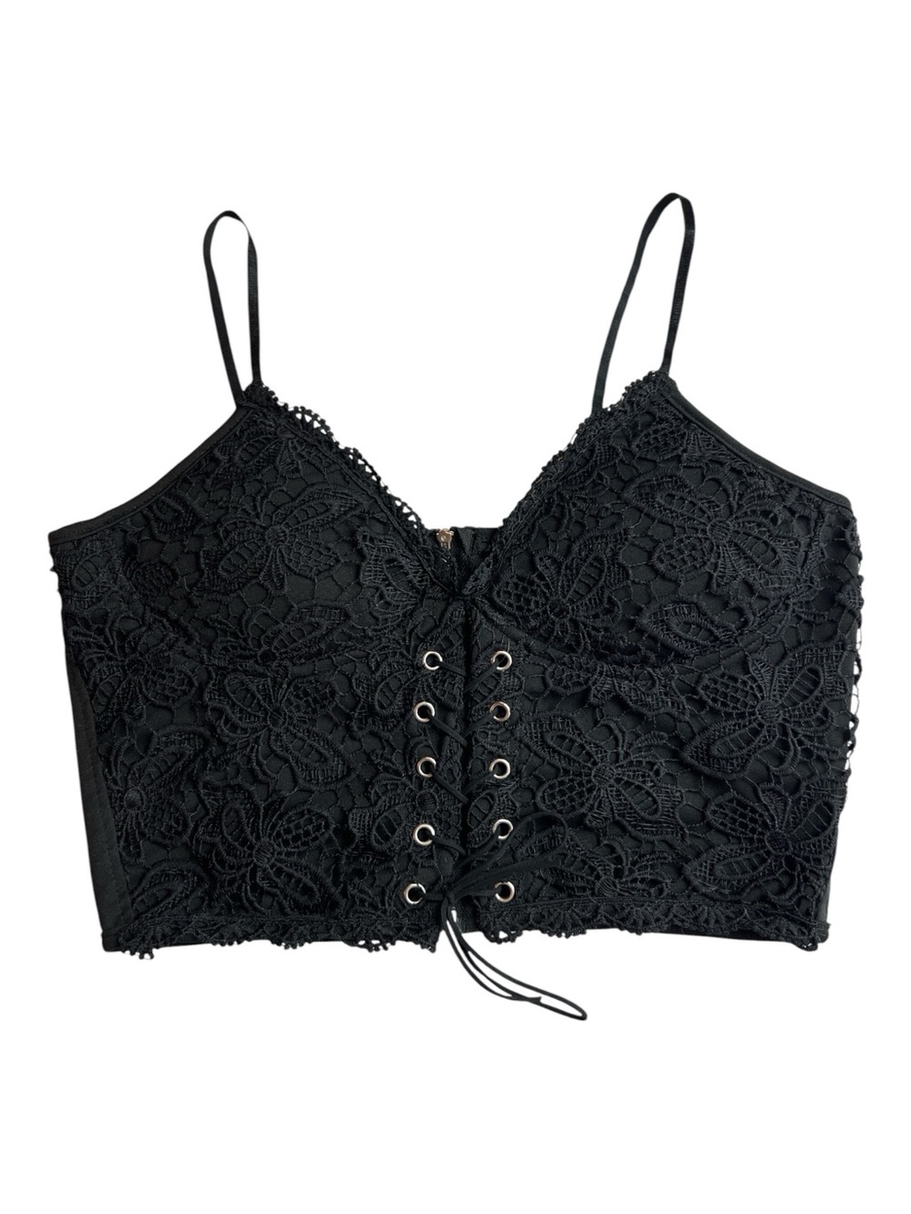 ROMWE Eyelet Lace-Up Zip-Back Floral Lace Black Crop Top